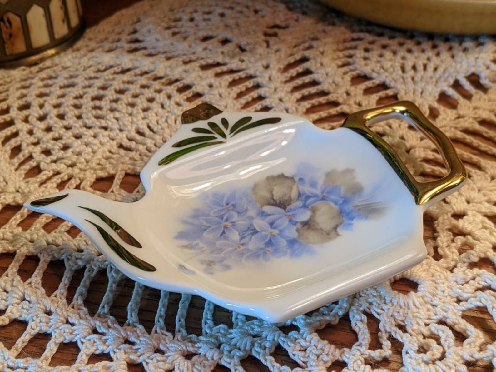 Ceramic Floral Tea Bag Plate With Gold Accents Teapot Shape Etsy
