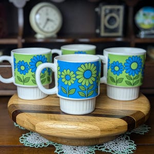 Vintage Green and Blue Flower Mugs, Stackable, Made in Japan