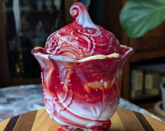 Imperial Red Slag Glass Covered Candy Dish in Winged Scroll Pattern