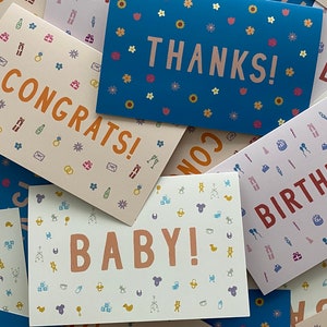 Cute greeting cards for a variety of occasions - hand drawn illustrations