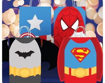 Superhero party; Superhero party theme; Superheroes Gift Bag Fronts; Superheroes Party; Superheroes Birthday Party Gift Bag Fronts and Tags
