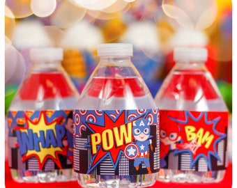 Superheroes Water Bottle Wrappers; Superheroes Party; Superheroes Birthday Party; Superhero party ideas; Superhero Party theme