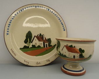 Mottoware vintage de Torquay, cerámica vintage de Watcombe, objetos coleccionables vintage de Torquay, cerámica de Torquay, azucarero y plato de mottoware.