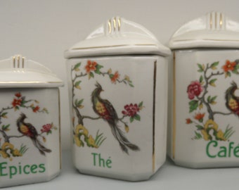 Set of 3 vintage canisters, vintage French canisters,vintage canisters with bird,vintage French canister set,