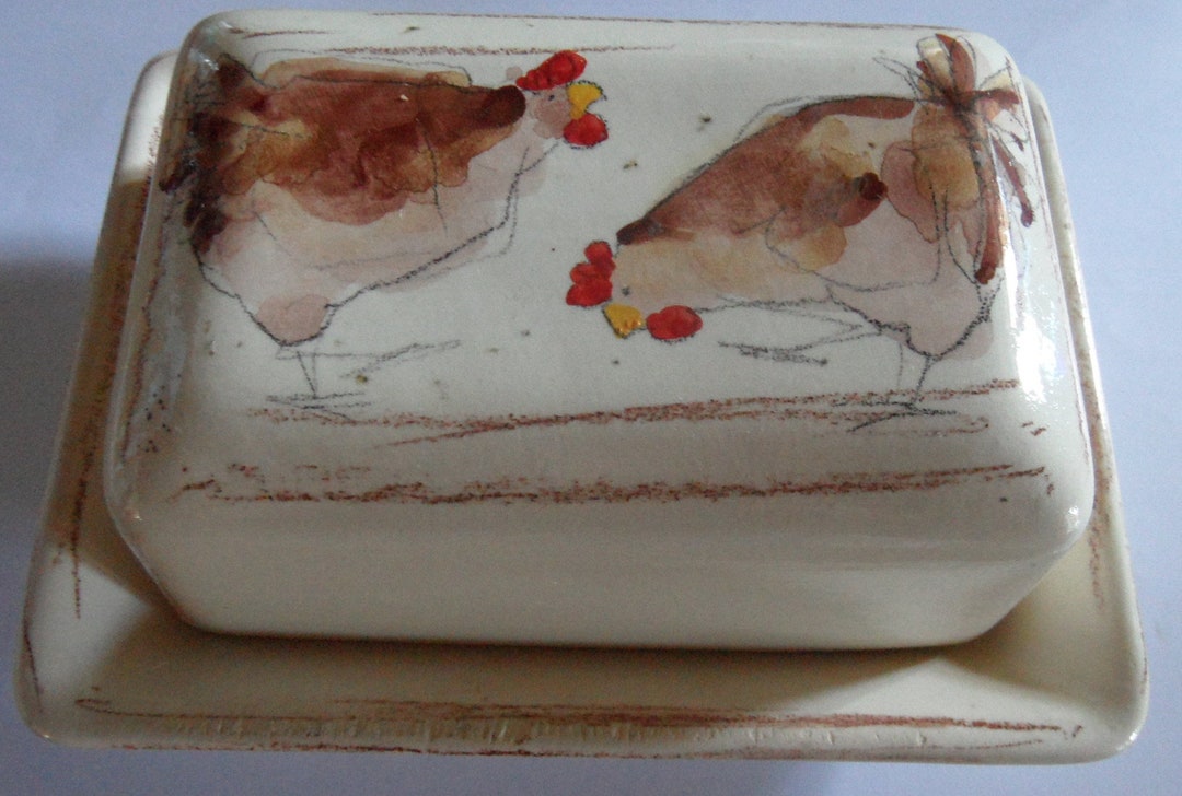 Vintage Ceramic Butter Dish,butter Dish With Chickens,vintage Butter