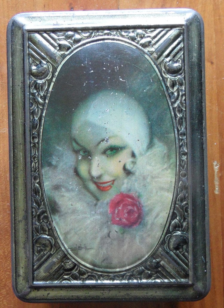 Boîte d'étain Art Nouveau, Boîte Vintage, en Étain de Flapper, Français, Rare, Stockage d'étain, Cru