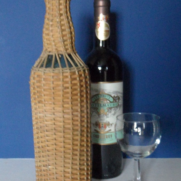 Vintage French wicker covered green bottle,vintage wicker bottle,vintage wicker covered glass wine bottle, French country decor