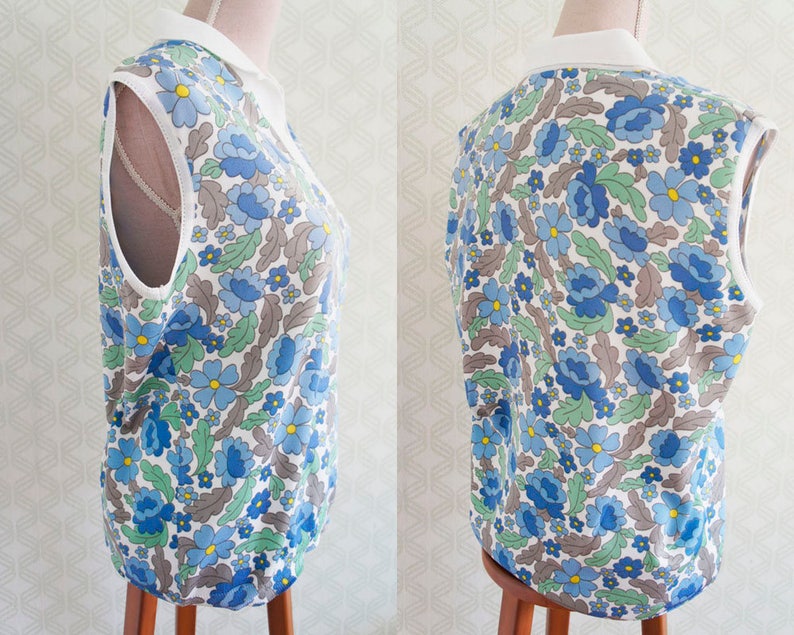 Mod style Vintage Polo made in Italy 70s Blue and green daisy print.