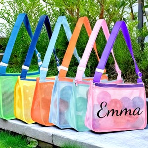 Personalisierte Muschel-Reißverschluss-Mesh-Strandtasche, Mesh-Schultertaschen, Individuelle Kinder-Muscheltaschen, Sommer-Pool-Accessoires mit Namen