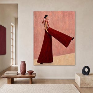 Stride | Hand Painted Oil Painting | Abstract Avant-Garde Fashion Portrait | Bold Red Statement Canvas | Living Room Decor