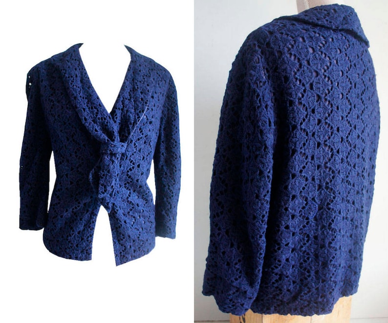 60s navy blue jacket sailor collar. Navy Blue Crochet Vintage Jacket Large Crochet Blazer Jacket sailor collar