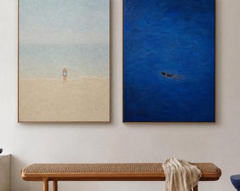 Azure Solitude | 2P Hand-painted 3D Textured Oil Painting | Minimalist Beach Swimmer | Coastal Wabi-Sabi Art | Blue Room Decor