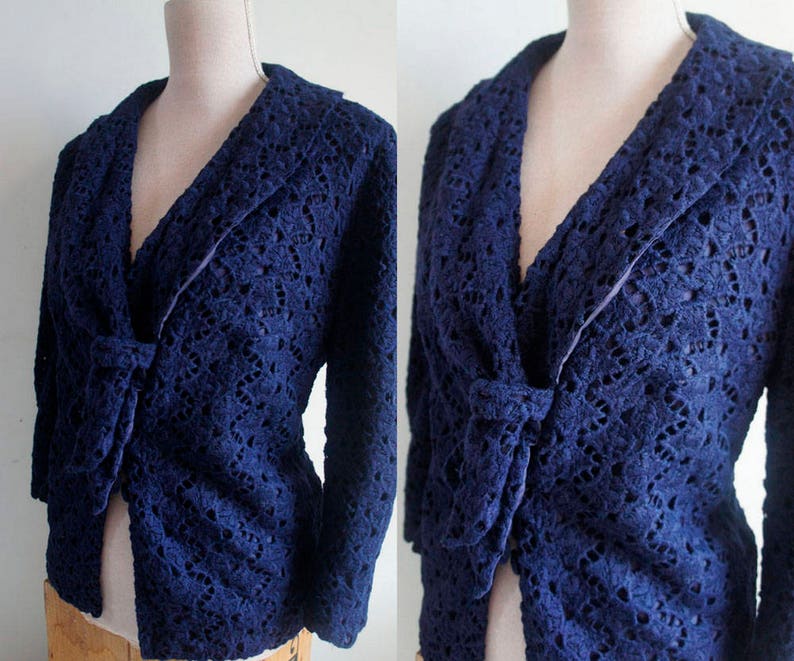 60s navy blue jacket sailor collar. Navy Blue Crochet Vintage Jacket Large Crochet Blazer Jacket sailor collar