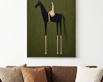 Emerald Equine | Dipinto ad olio 3D con texture, dipinto a mano | Cavaliere astratto a cavallo nero | Tela equestre vintage | Decorazione per la stanza verde