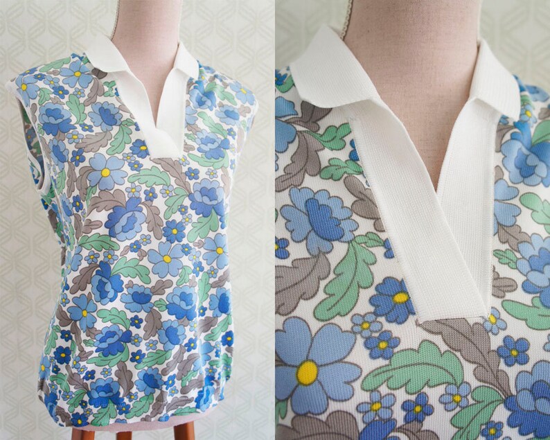 Mod style Vintage Polo made in Italy 70s Blue and green daisy print.