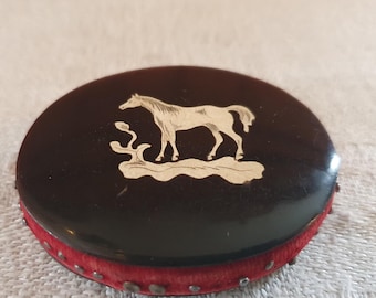 Pincushion, pin wheel,  with inlaid horse, antique English