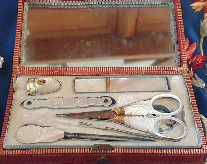 Palais Royal Sewing Etui, Antique Mother of Pearl Sewing Tools