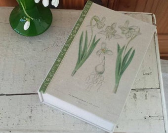 Box with botanical print of snow drops, handmade cartonnage