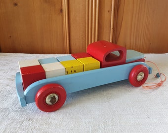 Wooden toy truck, wooden truck, push truck with blocks, vintage