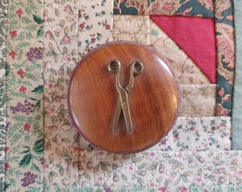 Antique wooden pin cushion, pin wheel with small metal scissors