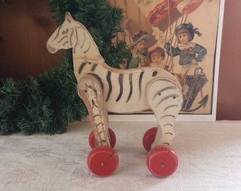 Pull zebra, pull toy, antique wooden, handmade