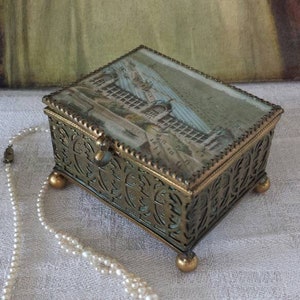 Jewellery box, trinket box, brass and glass, antique French
