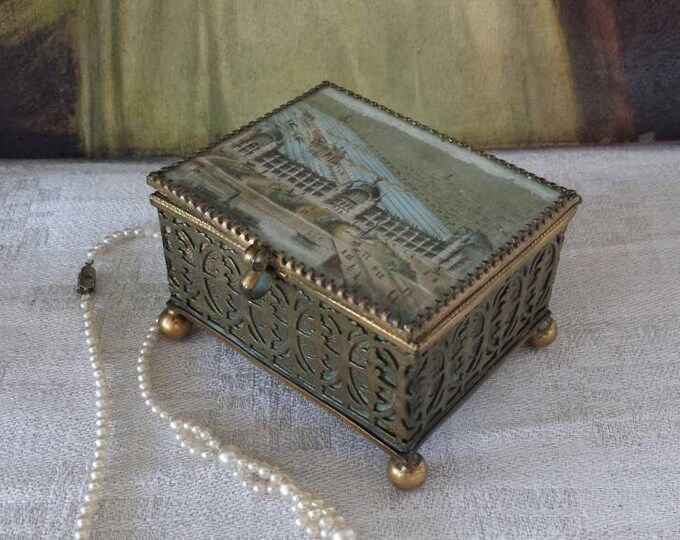 Jewellery box, trinket box, brass and glass, antique French