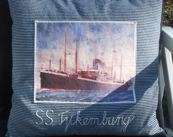 Nautical pillowcover of striped denim with steamship picture 17.7"x 17.7"