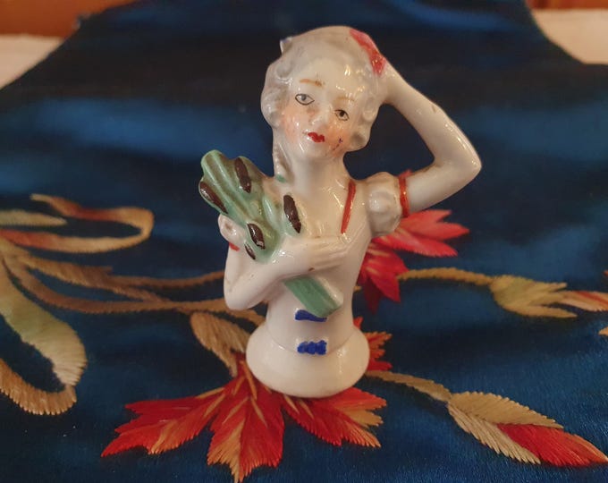 Antique half doll pincushion, porcelain