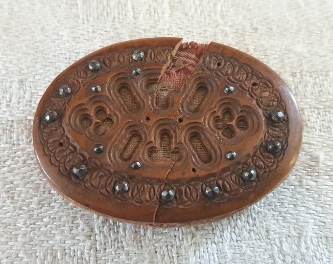 Wooden pincushion, pin wheel, antique English, 19th century