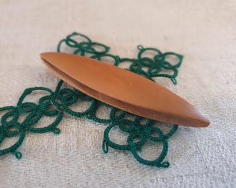Wooden tatting shuttle, vintage, brown with tatted cross bookmark