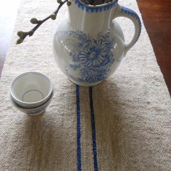 Grain sack tablerunner, antique linen with double blue stripe 59.1 " x 18.9"