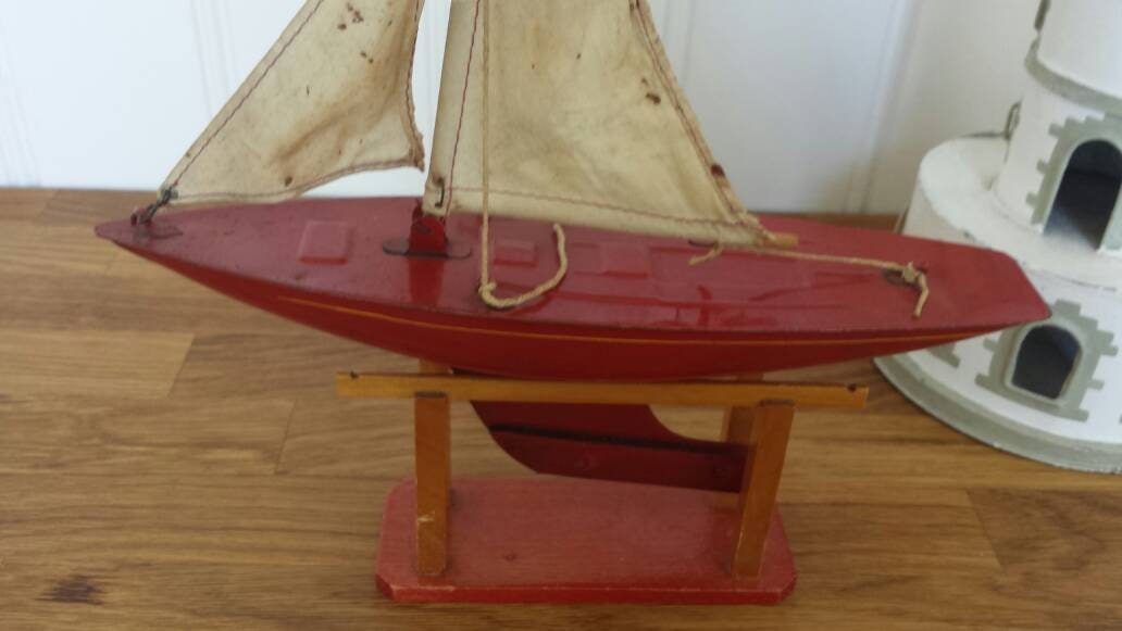 Tin toy pond yacht sailing boat red Triang toys Lines Etsy