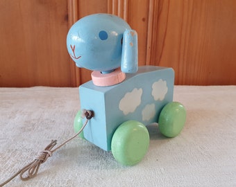 Pull toy sheep, pull toy lamb, mid century, pastel blue