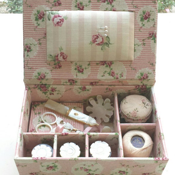 DIY kit sewing or jewellery box  of 5.1" x 6.7" x 2.8" (19,5 x 13 x 7 cm), fabric covered cartonnage