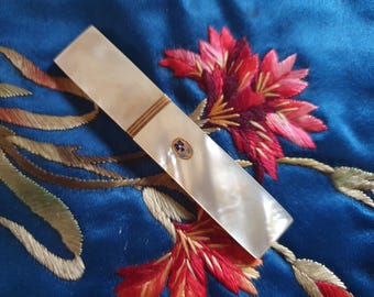Palais Royal mother of pearl needle case with pansy, antique French