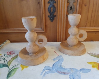 Vintage Swedish candlesticks, candle holders, candlestick holder, turned wood, set of two