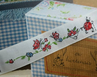 Woven satin ribbon with ladybirds  (price per meter)