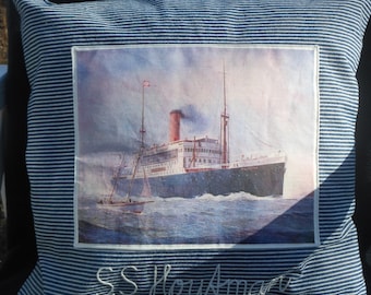 Nautical pillowcover of striped denim with steamship picture 17.7"x 17.7"