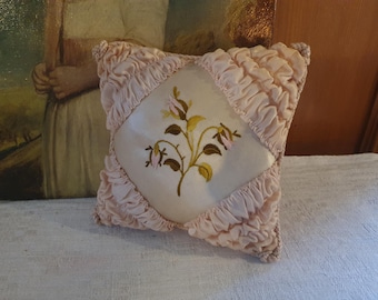 Hand embroidered ring bearer pillow or pin cushion, antique French