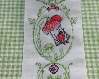 Woven satin ribbon with ladybirds  and pansies (price per meter)