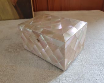 Mother of pearl tea caddy, trinket box, jewelry box with metal feet