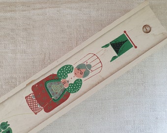 Wooden knitting needle case with painted decoration, vintage Dutch