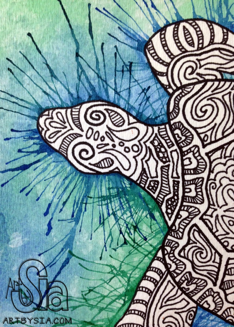 Original Watercolor & Ink Zentangle Turtle Painting Etsy