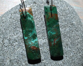 Hand Cut Malachite Chrysocolla Earrings: Natural Stone, Stainless Steel