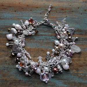 Multi Charm Bracelet Pale Pink, Light Brown Pearl Beads, Silver Charms | Adjustable | Bridesmaid Wedding Jewelry | Heart Charms |