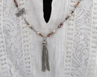 Boho Long Necklace: Stainless Steel Tassel, Dragonfly Charm