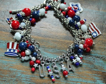 USA 4th of July Patriotic Multi Charm Bracelet | American Jewelry | Stainless Steel Womens Jewelry