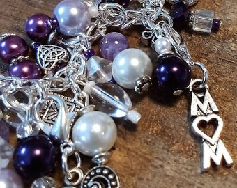 Mother's Day | Multi Charm Bracelet | Jewelry | Purple Beads | Mom Charm Bracelet | Bridesmaid Gift | Removable Charms | Heart Charms