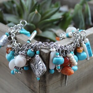 Charm Bracelet, Multi Charm, Southwest Style, Turquoise color beads, Silver Charms, Adjustable, fashion jewelry, gifts for her image 5